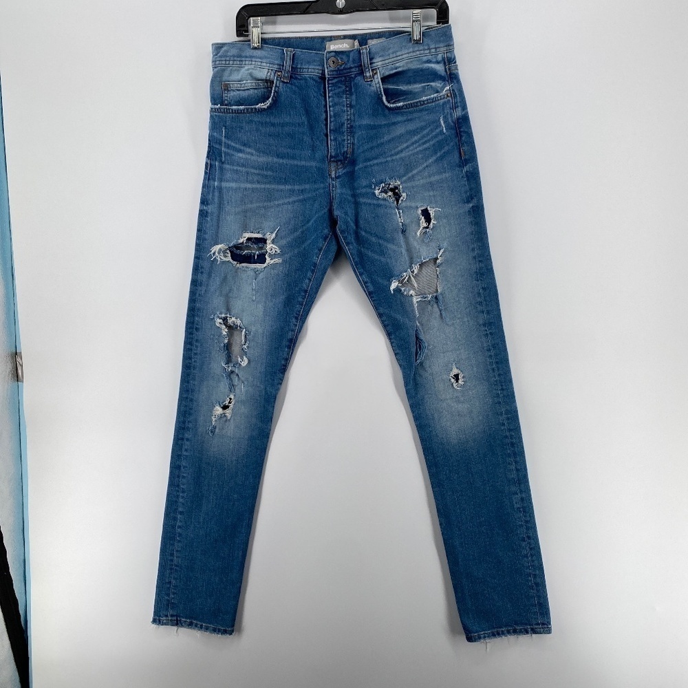 Bench Jeans Men's Size 30 Thrashed Tapered Full Button 5 Pocket Blue Denim